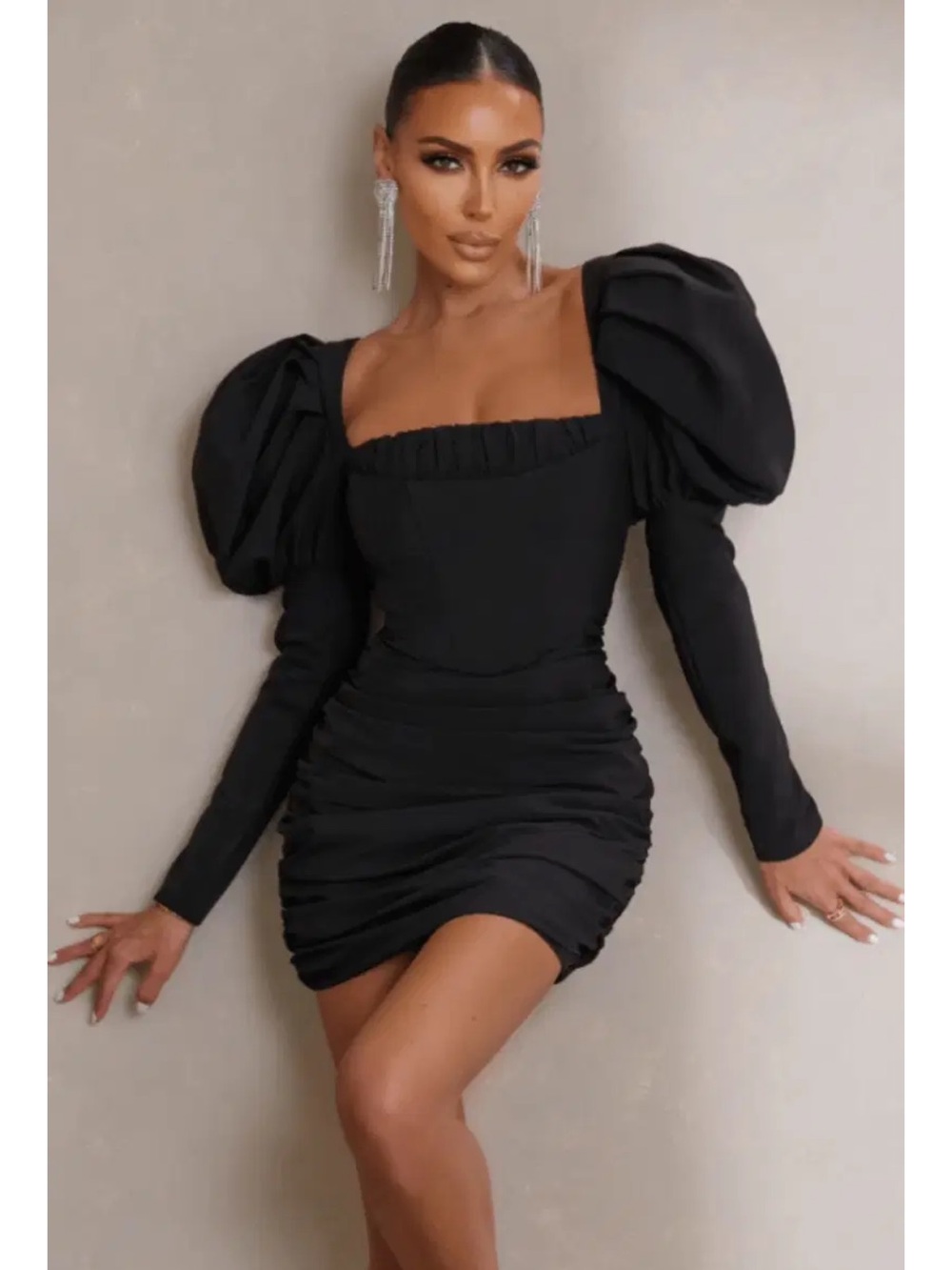 NWT CLUB L LONDON Posey Black Long-Puff-Sleeve Corset Ruched Mini Dress - 2